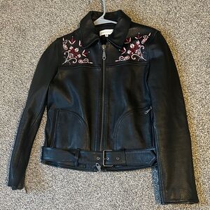 Black Leather Jacket with Pink Embroidery